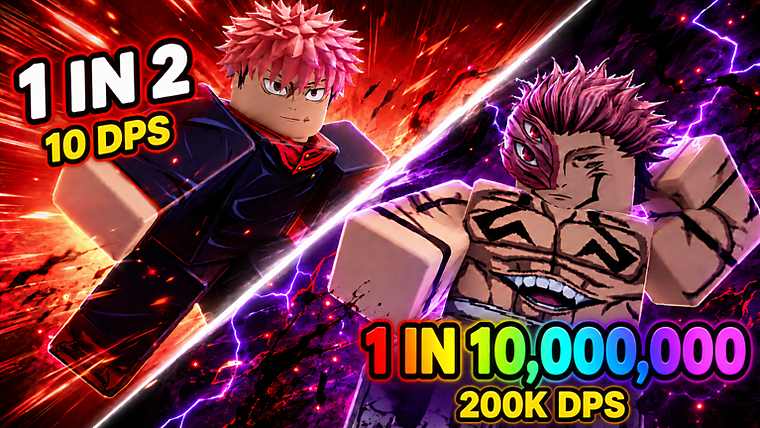 Two Defeat Anime RNG units split diagonally, labelled 1 in 2 at 10 DPS and 1 in 10,000,000 at 200K DPS