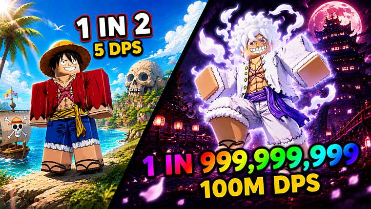 A straw-hat unit on a beach labelled 1 in 2 next to an awakened version labelled 1 in 999,999,999 at 100M DPS